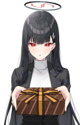 Rule 34 | 1girl, absurdres, black hair, blazer, blue archive, box, expressionless, gift, gift box, hairy, halo, highres, hime cut, jacket, long hair, looking at viewer, mono (mo n mno), open mouth, red eyes, rio (blue archive), simple background, solo, sweater, turtleneck, turtleneck sweater, white background