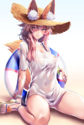 Rule 34 | 1girl, animal ears, blush, bottomless, breasts, collarbone, ears through headwear, fate/grand order, fate (series), fox ears, fox tail, hat, innertube, large breasts, long hair, looking at viewer, matsunaga garana, no bra, parted lips, pink hair, sandals, see-through, shirt, short sleeves, sitting, solo, straw hat, swim ring, swimsuit, tail, tamamo (fate), tamamo no mae (fate/extra), tamamo no mae (swimsuit lancer) (fate), tamamo no mae (swimsuit lancer) (second ascension) (fate), wariza, wet, wet clothes, wet shirt, white background, white shirt, wristband