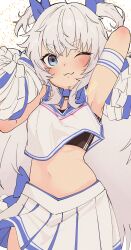 Rule 34 | 1girl, :3, absurdres, arms up, blue eyes, cheerleader, crop top, fujisaki subaru, goddess of victory: nikke, grey background, highres, long hair, looking at viewer, one eye closed, pleated skirt, poli (cheer up police) (nikke), poli (nikke), pom pom (cheerleading), short twintails, simple background, skirt, smile, solo, thick eyebrows, twintails, white hair, white skirt