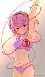 Rule 34 | 1girl, arm above head, armpits, arms up, backlighting, breasts, closed mouth, cowboy shot, expressionless, gradient background, grey background, hair between eyes, hair ornament, hairband, heart, heart hair ornament, komeiji satori, linea alba, looking at viewer, navel, one-hour drawing challenge, pink hair, red eyes, shiroi karasu, short hair, small breasts, solo, touhou, underwear