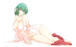 Rule 34 | 1girl, bad id, bad pixiv id, bare shoulders, barefoot, bra, breasts, cleavage, collarbone, collared shirt, full body, green hair, kazami yuuka, large breasts, legs together, long sleeves, looking at viewer, lying, non (z-art), on side, open clothes, open shirt, panties, red eyes, shirt, short hair, simple background, skirt, unworn skirt, solo, strap slip, touhou, underwear, white background, white bra, white panties, white shirt