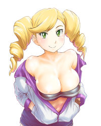 Rule 34 | 1girl, bandeau, bare shoulders, blonde hair, blush, breasts, brown gloves, cleavage, drill hair, echo turbine, eco turbine, gloves, green eyes, gundam, gundam tekketsu no orphans, hands in pockets, jacket, large breasts, long hair, looking at viewer, off shoulder, open clothes, short shorts, shorts, simple background, smile, solo, strapless, tube top, twin drills, twintails, ueyama michirou, white background