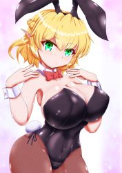Rule 34 | 1girl, alternate costume, animal ears, armpits, bare shoulders, black dress, blonde hair, blush, bow, bowtie, breasts, brown pantyhose, closed mouth, collarbone, commentary request, dollyspica, dress, eyes visible through hair, fake animal ears, fake tail, green eyes, hair between eyes, hands up, large breasts, leotard, looking at viewer, mizuhashi parsee, pantyhose, playboy bunny, pointy ears, purple background, rabbit ears, rabbit tail, red bow, red bowtie, short hair, solo, standing, tail, touhou, white background, wrist cuffs