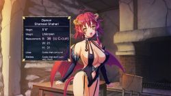 Rule 34 | 1girl, breasts, chair, character profile, cleavage, demon, demon girl, demon horns, demon tail, demon wings, desk, game cg, horns, kyonyuu fantasy, large breasts, low wings, monster, monster girl, official art, official wallpaper, red hair, revealing clothes, shamsiel shahar, sideboob, solo, tail, text box, wallpaper, wings