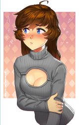Rule 34 | 1girl, absurdres, ahoge, blue eyes, border, breasts, brooke (mleth), brown hair, cleavage, colorized, commentary, embarrassed, english commentary, freckles, grey sweater, highres, holding own arm, long hair, looking away, meme attire, mleth, open-chest sweater, original, ribbed sweater, small breasts, solo, sweater, turtleneck, turtleneck sweater, upper body, white border