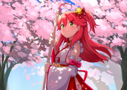 Rule 34 | 1girl, ahoge, ame., bare shoulders, bell, blush, bow, closed mouth, commentary request, day, detached sleeves, flower, green eyes, hair bell, hair between eyes, hair bow, hair ornament, hairclip, hakama, hakama skirt, highres, holding, hololive, japanese clothes, jingle bell, kimono, long hair, long sleeves, looking away, one side up, outdoors, pink flower, red bow, red hair, red hakama, sakura miko, sakura miko (1st costume), skirt, sleeveless, sleeveless kimono, sleeves past wrists, smile, solo, tree, virtual youtuber, white kimono, white sleeves, wide sleeves, x hair ornament