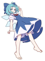Rule 34 | 1girl, absurdres, barefoot, blue bow, blue dress, blue eyes, blue hair, blush stickers, bow, cirno, closed mouth, collared shirt, detached wings, dress, fairy, full body, hair bow, highres, ice, ice wings, kame (kamepan44231), one-hour drawing challenge, shirt, short hair, short sleeves, simple background, smile, solo, touhou, white background, white shirt, wings