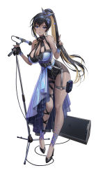 Rule 34 | 1girl, amplifier, bare shoulders, belt, black hair, blonde hair, blue eyes, blush, bow, bowtie, breasts, cleavage, commentary request, dark-skinned female, dark skin, earrings, fingernails, goddess of victory: nikke, hair ornament, high heels, high ponytail, highres, holster, jewelry, large breasts, lips, long hair, looking at viewer, microphone, microphone stand, mole, mole on breast, nail polish, noise (nikke), official art, overskirt, parted lips, ponytail, shiny skin, short shorts, shorts, simple background, sleeveless, solo, thigh holster, thighs, white background, wire, yoya yogurt