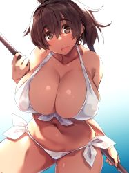 Rule 34 | 1girl, bikini, breasts, broom, brown eyes, brown hair, cleavage, commentary request, front-tie bikini top, front-tie top, frown, girls und panzer, head tilt, highres, holding, holding behind back, holding broom, huge breasts, koyama yuzu, kuronyan, looking at viewer, medium hair, navel, holding behind back, open mouth, partial commentary, ponytail, side-tie bikini bottom, skindentation, solo, standing, swimsuit, white bikini
