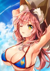 Rule 34 | 10s, 1girl, animal ears, armpit focus, armpits, arms up, bikini, blue bikini, blush, breasts, cleavage, cloud, day, eyebrows, fate/extra, fate/grand order, fate (series), fox ears, hat, jewelry, large breasts, long hair, looking at viewer, murakami yuichi, necklace, one eye closed, outdoors, parted lips, pink hair, sky, smile, solo, straw hat, swimsuit, tamamo (fate), tamamo no mae (fate/extra), tamamo no mae (swimsuit lancer) (fate), yellow eyes