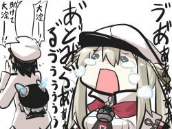 Rule 34 | 10s, 1boy, 2girls, abyssal ship, admiral (kancolle), cape, capelet, chibi, crying, crying with eyes open, gloves, goma (gomasamune), graf zeppelin (kancolle), hands on own face, hat, kantai collection, multiple girls, necktie, simple background, tears, translated, twintails, uniform, wo-class aircraft carrier