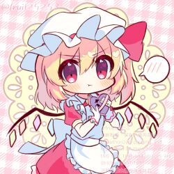 Rule 34 | 1girl, apron, ascot, blonde hair, blush, candy, chibi, chocolate, chocolate heart, cowboy shot, crystal wings, dress, flandre scarlet, food, frills, hat, hat ribbon, heart, highres, kudamono25253, maid apron, mob cap, pout, red dress, red eyes, ribbon, solo, speech bubble, touhou, valentine, yellow ascot