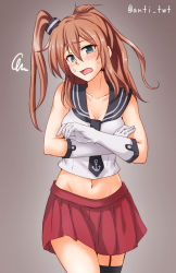 Rule 34 | 1girl, agano (kancolle), agano (kancolle) (cosplay), alternate costume, anti (untea9), asymmetrical legwear, blue eyes, blush, breasts, brown hair, cleavage, cosplay, garter straps, gloves, gradient background, hair between eyes, highres, kantai collection, large breasts, long hair, looking at viewer, navel, necktie, open mouth, pleated skirt, ponytail, saratoga (kancolle), school uniform, serafuku, side ponytail, sidelocks, single thighhigh, skirt, solo, thighhighs, uneven legwear