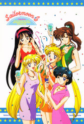 Rule 34 | 1990s (style), 5girls, aino minako, bead necklace, beads, bishoujo senshi sailor moon, bishoujo senshi sailor moon s, black eyes, black hair, blonde hair, blue eyes, blue hair, bow, brown hair, character name, choker, confetti, copyright name, cross, cross choker, cup, double bun, dress, drink, earrings, green eyes, green neckwear, hair bobbles, hair bow, hair bun, hair ornament, hairband, high ponytail, highres, hino rei, holding, holding cup, holding drink, jewelry, kino makoto, long hair, looking at viewer, mizuno ami, multiple girls, necklace, non-web source, official art, open mouth, party popper, retro artstyle, short hair, sleeveless, sleeveless dress, smile, streamers, stud earrings, tsukino usagi, twintails, very long hair