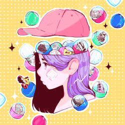 Rule 34 | 1girl, absurdres, bad id, bad tumblr id, bandaid, bandaid on face, baseball cap, blush, crisalys, expressionless, from side, gashapon, hat, highres, light purple hair, long hair, original, portrait, profile, shoes, unworn shoes, sneakers, solo, yellow background
