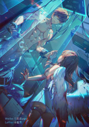 Rule 34 | 1boy, 1girl, angel wings, bai qi (love and producer), blood, blood on hands, bloody wings, brown eyes, brown hair, grin, highres, hospital gown, indoors, jewelry, laboratory, leg strap, long hair, looking at another, love and producer, merman, monster boy, muscular, muscular male, necklace, open mouth, panties, protagonist (love and producer), rabbitcamilla, short hair, sleeveless, smile, teeth, test tube, thigh strap, underwear, water, white panties, wings