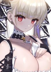 Rule 34 | 1girl, azur lane, blunt bangs, breasts, choker, cleavage, closed mouth, collarbone, commentary request, cross, cross earrings, dress, earrings, expressionless, fingernails, formidable (azur lane), frilled dress, frills, gothic lolita, hand on own chest, highres, jewelry, kohanayuki, large breasts, lolita fashion, looking at viewer, platinum blonde hair, red eyes, revision, simple background, solo, twintails, upper body, white background
