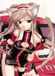 Rule 34 | 1girl, animal ears, breasts, car, cat ears, cat tail, cleavage cutout, clothing cutout, fujima takuya, holster, large breasts, lotus (brand), motor vehicle, race queen, tail, twintails, vehicle