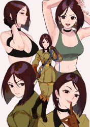 Rule 34 | 1girl, arm behind head, choker, dated, earrings, highres, hush finger, jewelry, military, military uniform, multiple views, oni gini, shirt, short hair, simple background, snk, stretching, t-shirt, the king of fighters, uniform, whip, whip (kof), white background