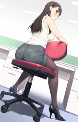 Rule 34 | 1girl, aida takanobu, ass, bad id, bad twitter id, black hair, black pantyhose, blue eyes, blush, breasts, chair, character request, from behind, from below, full body, high heels, large breasts, long hair, looking back, looking down, office chair, original, pantyhose, pantylines, ribbed sweater, sitting, sitting backwards, sleeveless, sleeveless turtleneck, solo, sweater, swivel chair, turtleneck, turtleneck sweater