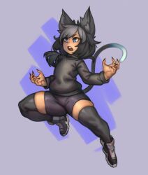 Rule 34 | 1boy, androgynous, animal ears, ass, blue eyes, cat boy, cat ears, cat tail, fangs, fingernails, full body, highres, jumping, kelvin hiu, mikey (mikeyuk), open mouth, original, pants, sharp teeth, shirt, shorts, solo, tail, teeth, thick thighs, thighs, trap, wide hips, yoga pants
