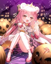 Rule 34 | 1girl, absurdres, animal ears, bat (animal), bear ears, bettle (b s a n), blurry, blurry foreground, bow, crown, dress bow, fangs, hair bow, hair ornament, halloween, heart, heart-shaped pupils, highres, himekuma ribon, jack-o&#039;-lantern, knees up, long hair, paw pose, pink footwear, pink hair, pink ribbon, purple background, re:act, ribbon, sitting, solo, sparkle, stuffed animal, stuffed toy, symbol-shaped pupils, teddy bear, thighhighs, virtual youtuber