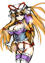 1girl adapted_costume blonde_hair bow breasts cleavage elbow_gloves female_focus frills gloves hair_bow hat large_breasts long_hair mabuchoco_m navel purple_eyes ribbon sketch smile solo thighhighs touhou very_long_hair white_gloves white_thighhighs yakumo_yukari