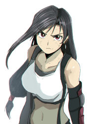 Rule 34 | 1girl, arm guards, asymmetrical bangs, black bra, black gloves, black hair, black skirt, bra, breasts, closed mouth, commentary, cowboy shot, elbow gloves, final fantasy, final fantasy vii, final fantasy vii remake, fingerless gloves, glaring, gloves, highres, long hair, looking at viewer, low-tied long hair, medium breasts, midriff, navel, parted bangs, red eyes, romaji commentary, simple background, skirt, sleeveless, solo, sports bra, straight hair, suspender skirt, suspenders, tank top, tifa lockhart, tsubobot, tsurime, underwear, white background, white tank top