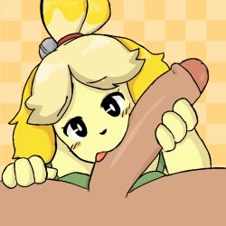 Rule 34 | 1boy, 1girl, animal crossing, animal ears, animated, animated gif, bell, blonde hair, blush, dog, dog ears, dog girl, fellatio, foreskin, furry, furry female, furry with non-furry, hair bell, hair ornament, handjob, hetero, huge penis, interspecies, isabelle (animal crossing), large penis, licking, nintendo, oral, penis, pov, shogu (shoguchime), solo focus, textless version, topknot, uncensored