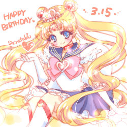 Rule 34 | 1girl, bishoujo senshi sailor moon, blonde hair, blue eyes, blue sailor collar, blue skirt, boots, bow, brooch, choker, crown, dated, double bun, elbow gloves, gloves, hair ornament, hairpin, happy birthday, heart, heart brooch, knee boots, long hair, looking at viewer, lowres, magical girl, pink bow, princess sailor moon, sailor collar, sailor moon, shirataki kaiseki, signature, sitting, skirt, smile, solo, tsukino usagi, twintails, white background, white footwear, white gloves
