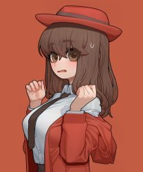 Rule 34 | 1girl, blush, breasts, brown eyes, brown hair, brown necktie, collared shirt, copyright request, hands up, hat, highres, hood, hood down, hooded jacket, jacket, large breasts, long hair, long sleeves, looking at viewer, necktie, parted lips, red background, red hat, red jacket, shirt, simple background, solo, sparrowl, sweatdrop, upper body, white shirt, wing collar