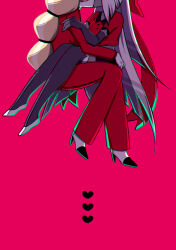 Rule 34 | 2girls, blonde hair, bow, charlie morningstar, colored skin, couple, elbow gloves, fingerless gloves, formal, gloves, grey hair, grey skin, hair bow, hazbin hotel, head out of frame, heart, high heels, highres, kiss, long hair, maresailor ren, multiple girls, pink background, red suit, simple background, sitting, sitting on lap, sitting on person, suit, thighhighs, vaggie, very long hair, white skin, yuri