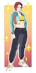 Rule 34 | 1girl, abs, absurdres, commentary, creatures (company), cropped jacket, english commentary, flat chest, full body, game freak, han soo-min (hanny), hand in pocket, hanny (uirusu chan), headband, highres, jacket, looking at viewer, midriff, multicolored clothes, nintendo, open clothes, open jacket, original, outside border, pants, pokemon, pokemon unite, red hair, shoes, short hair, sneakers, solo, sparkle background, sports bra, standing, stomach, toned, track jacket, track pants, yellow sports bra