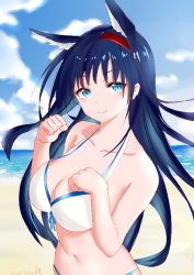 Rule 34 | 1girl, alternate costume, animal ears, arknights, bare arms, bare shoulders, beach, bikini, blaze (arknights), blue eyes, blue hair, blue sky, breasts, cat ears, chinese commentary, cleavage, cloud, collarbone, commentary request, day, hairband, halterneck, hands up, large breasts, long hair, looking at viewer, navel, ocean, partial commentary, red hairband, sky, smile, solo, stomach, swimsuit, upper body, water, white bikini, yuexin@moon