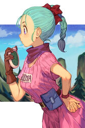 Rule 34 | 1girl, bandana around neck, belt, blue eyes, blue hair, blush, border, bow, braid, braided ponytail, breasts, brown gloves, bulma, character name, clothes writing, cloud, cowboy shot, day, dragon ball, dragon ball (classic), dragon radar, dress, fanny pack, fingernails, from side, gloves, hair bow, hand on own hip, hand up, hungry clicker, long hair, looking ahead, medium breasts, nose blush, outdoors, outside border, pine tree, pink dress, profile, red bow, short sleeves, single glove, sky, solo, tree, white border