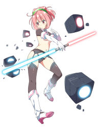 Rule 34 | 1girl, beat saber, blush, boots, breasts, brown panties, brown thighhighs, closed mouth, elbow gloves, energy sword, garter belt, gloves, hacka doll, hacka doll 2, hatsunatsu, high heel boots, high heels, high ponytail, highres, holding, holding weapon, lightsaber, looking away, looking to the side, panties, pink hair, ponytail, red eyes, sidelocks, simple background, small breasts, solo, sword, thighhighs, topless, twitter username, underwear, underwear only, v-shaped eyebrows, weapon, white background, white footwear, white gloves