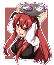 Rule 34 | :d, arm behind head, arms up, bat wings, black vest, blush, border, breasts, collared shirt, cowboy shot, cropped torso, cup, detached wings, hair between eyes, head wings, holding, holding tray, koakuma, long hair, long sleeves, looking up, medium breasts, necktie, one-hour drawing challenge, open mouth, outline, red background, red eyes, red hair, red necktie, renshirenji, saucer, shirt, sidelocks, simple background, smile, teacup, teapot, touhou, tray, very long hair, vest, white border, white outline, white shirt, wings