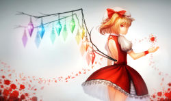 Rule 34 | 1girl, backless outfit, blonde hair, bow, bryanth, dress, flandre scarlet, flower, hat, hat bow, highres, looking at viewer, mob cap, no panties, petals, puffy sleeves, red dress, red eyes, red rose, rose, short sleeves, shoulder blades, side ponytail, solo, touhou, vampire, wings, wrist cuffs