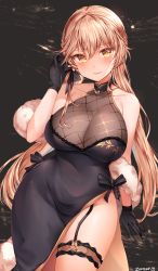 Rule 34 | 1girl, artist name, bare shoulders, black bow, black dress, black gloves, black ribbon, blonde hair, blush, bow, braid, breasts, bridal garter, cleavage, closed mouth, collarbone, curvy, dress, feather boa, garter straps, girls&#039; frontline, gloves, hair between eyes, hair ribbon, hand up, highres, large breasts, lips, long hair, looking at viewer, low twintails, official alternate costume, ots-14 (girls&#039; frontline), ots-14 (sangria succulent) (girls&#039; frontline), ribbon, see-through, side slit, smile, solo, twintails, very long hair, wide hips, yellow eyes, zerocat