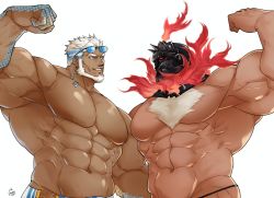 Rule 34 | 2boys, abs, aegir (housamo), anchor earrings, aqua hair, bara, beard, biceps, blue eyes, body hair, chest hair, commission, dark-skinned male, dark skin, earrings, eye contact, facial hair, fins, fire, flexing, glowing, glowing eyes, groin, helmet, highres, jewelry, large pectorals, looking at another, male focus, multicolored hair, multiple boys, muscular, muscular male, navel, no nipples, pectorals, ppyong, short hair, single earring, streaked hair, surtr (housamo), tokyo houkago summoners, underwear, underwear only, upper body, veins, white background, white hair