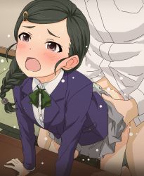 Rule 34 | 1boy, 1girl, arm support, blush, bow, bowtie, braid, braided ponytail, clothed sex, clothing aside, commentary request, commission, doggystyle, green hair, green neckwear, green panties, grey skirt, hair ornament, hairclip, hetero, idolmaster, idolmaster cinderella girls, jaggy lines, long hair, long sleeves, open mouth, panties, panties aside, pink eyes, pixiv commission, school uniform, sex, sex from behind, shirt, shuto aoi, skirt, solo focus, sweat, tomu (tomubobu), underwear, white shirt