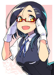 Rule 34 | 1girl, :d, adjusting eyewear, bespectacled, black hair, black vest, blue ribbon, blush, border, breasts, commentary request, fang, glasses, gloves, hair ornament, hairclip, hands up, kantai collection, kuroshio (kancolle), long hair, looking at viewer, neck ribbon, open mouth, outside border, pink background, red-framed eyewear, ribbon, shirt, short sleeves, simple background, small breasts, smile, solo, taketora suzume, thick eyebrows, upper body, vest, white border, white gloves, white shirt, yellow eyes