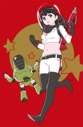 Rule 34 | 10s, 1girl, :d, ahoge, bad id, bad twitter id, belt, black footwear, black hair, black thighhighs, boots, brown eyes, fallout (series), full body, gloves, gun, high heel boots, high heels, kantai collection, midriff, navel, ojipon, open mouth, pants, protectron, red background, robot, smile, star (symbol), thigh boots, thighhighs, ushio (kancolle), weapon, white pants