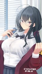Rule 34 | 1girl, absurdres, armband, artist name, azur lane, black bow, black bowtie, black hair, black skirt, bow, bowtie, breasts, cellphone, chiyu1182, collared shirt, dated, glasses, hair ribbon, highres, holding, holding phone, indoors, jacket, large breasts, long hair, looking at viewer, miniskirt, official alternate costume, open clothes, open jacket, phone, pleated skirt, red eyes, red jacket, ribbon, shirt, skirt, smartphone, solo, taihou (azur lane), taihou (sweet time after school) (azur lane), uniform, white shirt, yellow armband