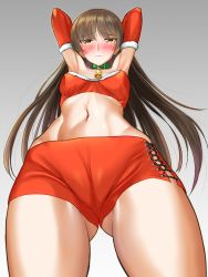Rule 34 | 1girl, absurdres, armpits, arms behind head, bad id, bad pixiv id, bell, black hair, blush, breasts, brown eyes, cameltoe, choker, closed mouth, collar, crotch, elbow gloves, embarrassed, from below, girls und panzer, gloves, gluteal fold, gradient background, grey background, highres, long hair, looking at viewer, looking down, manu lee, navel, neck bell, nishizumi shiho, red gloves, red shorts, santa costume, shiny skin, shorts, simple background, small breasts, solo, standing