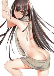 Rule 34 | 1girl, arms up, ass, back, backless dress, backless outfit, bad id, bad pixiv id, bare back, bare shoulders, blush, breasts, brown hair, butt crack, drawstring, dress, floating hair, from side, girls&#039; frontline, green hair, grey sweater, hair between eyes, halterneck, highres, knee up, long hair, looking at viewer, looking back, meme attire, multicolored hair, naked sweater, nz75 (girls&#039; frontline), parted lips, red hair, ribbed sweater, sideboob, simple background, small breasts, solo, streaked hair, sweater, sweater dress, turtleneck, turtleneck sweater, very long hair, virgin killer sweater, white background, xie wang, yellow eyes