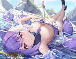 Rule 34 | 1girl, absurdres, bare legs, blush, breasts, cleavage, closed mouth, cone hair bun, creature, day, detached collar, downblouse, dress, frilled dress, frills, genshin impact, hair bun, hair ornament, highres, keqing (genshin impact), large breasts, long hair, looking at viewer, outdoors, pink eyes, planted, planted sword, planted weapon, purple dress, purple hair, rock, shallow water, short dress, slime, strapless, strapless dress, sword, tassel, very long hair, water, weapon, yuxia (please6)