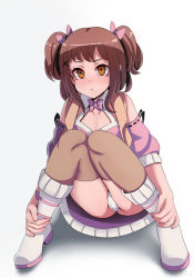 Rule 34 | boots, bow, bowtie, breasts, brown eyes, brown hair, brown jacket, brown legwear, cleavage, cleavage cutout, clothing cutout, commission, detached sleeves, hair bow, hair ornament, hairpin, hands on legs, highres, jacket, legs together, legs up, medium hair, novcel, original, panties, pantyshot, pink bow, pink bowtie, pout, sidelocks, simple background, sitting, sleeveless, sleeveless jacket, small breasts, thighhighs, thighs, two side up, underwear, white background, white footwear, white panties
