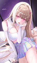 Rule 34 | 1girl, artist name, bare shoulders, blush, breasts, brown hair, cleavage, cleavage cutout, clothing cutout, commentary, crop top, detached sleeves, fishnet pantyhose, fishnets, goddess of victory: nikke, haruri, head rest, heart collar, highres, holographic clothing, horns, indoors, iridescent, large breasts, light brown hair, long hair, looking at viewer, mask, mask pull, midriff, mouth mask, night, night sky, pantyhose, parted bangs, pink eyes, pink horns, shiny skirt, shirt, sitting, sky, sleeveless, sleeveless shirt, sleeves past wrists, solo, star (sky), starry sky, tongue, tongue out, viper (nikke), white mask, white nails, white shirt