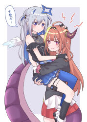 Rule 34 | 2girls, ahoge, amane kanata, amane kanata (work), angel wings, asymmetrical legwear, bare shoulders, black dress, black gloves, black hairband, black jacket, blonde hair, blue hair, blue thighhighs, blunt bangs, blush, border, carrying, carrying person, colored inner hair, cowboy shot, dragon girl, dragon horns, dragon tail, dress, fangs, feathered wings, feet out of frame, frilled dress, frills, frown, gloves, gradient dress, gradient wings, grey background, grey hair, hair intakes, hair ornament, hairband, hairclip, halo, hand on another&#039;s head, hand on another&#039;s shoulder, highres, hitsuji nata, hololive, horns, jacket, jewelry, kiryu coco, kiryu coco (1st costume), kneehighs, long hair, looking at another, looking at viewer, miniskirt, mismatched legwear, multicolored eyes, multicolored hair, multicolored wings, multiple girls, necklace, official alternate costume, orange hair, outside border, parted lips, partially fingerless gloves, pink hair, pleated dress, pleated skirt, pointy ears, pouch, purple eyes, red eyes, red skirt, shirt, short dress, sidelocks, simple background, single hair intake, single kneehigh, single sock, single thighhigh, skin fangs, skirt, sleeveless, sleeveless dress, socks, star (symbol), star halo, star necklace, streaked hair, sweatdrop, tail, thigh pouch, thighhighs, thought bubble, translation request, uneven legwear, virtual youtuber, white border, white shirt, wings